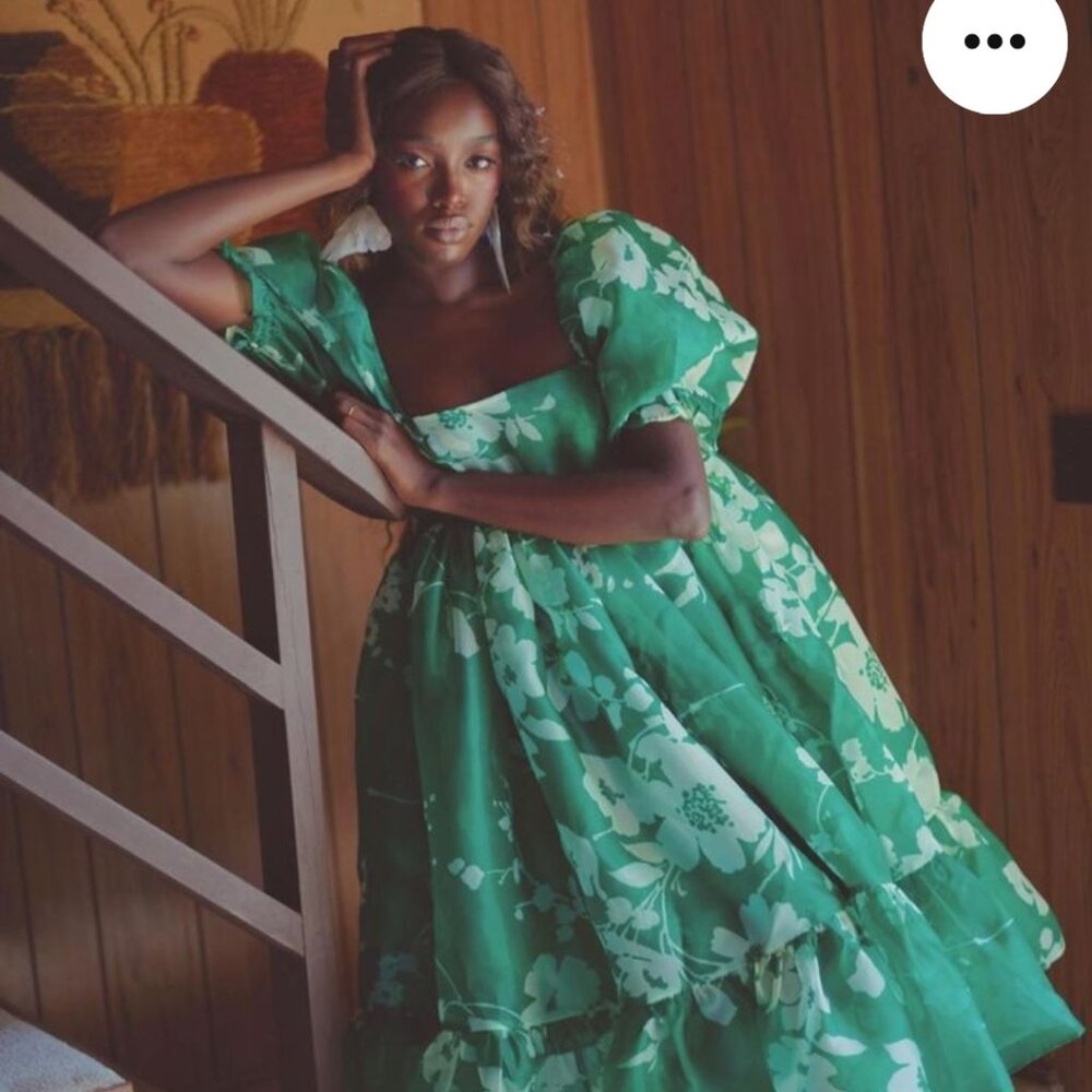 Selkie Summer Field French Puff Dress 4x NWOT Green and white Floral Midi Dress